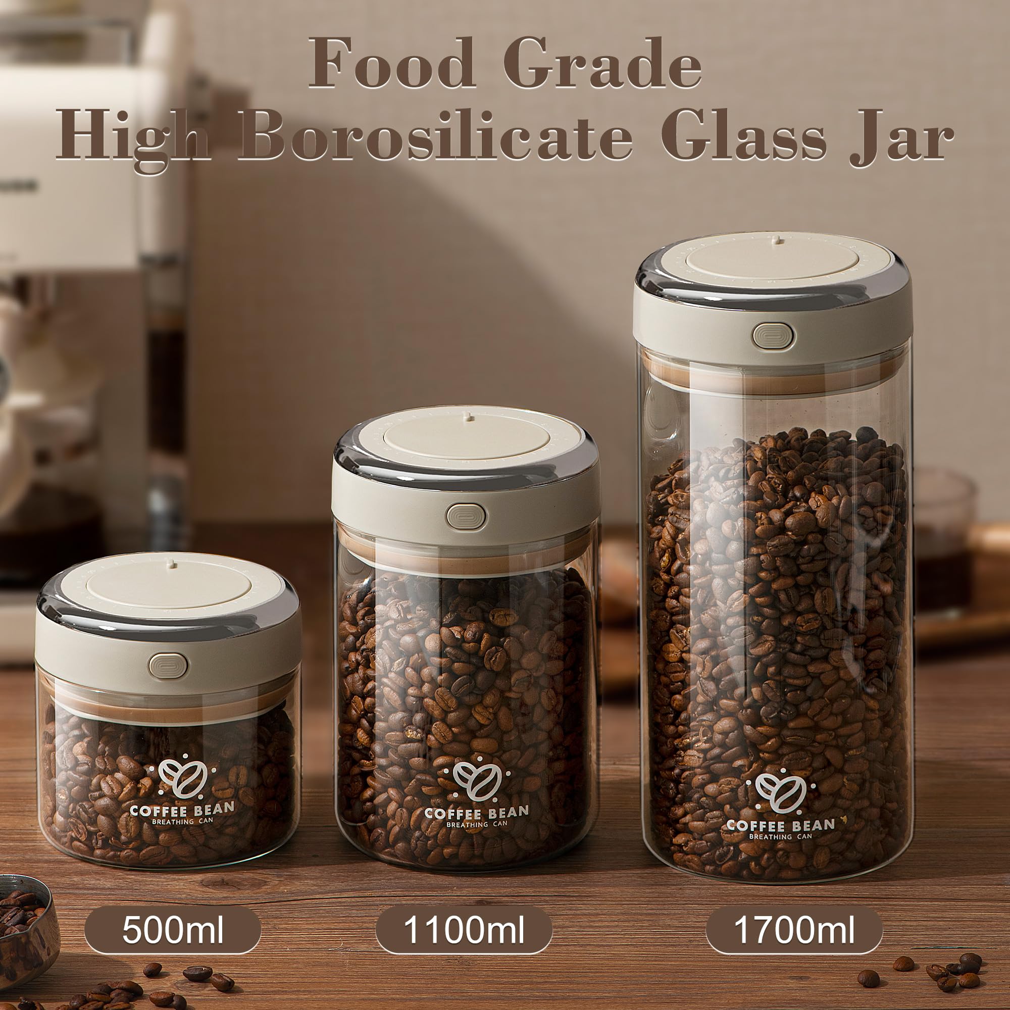 Coffee Bean Storage Container with One-way Valve Airtight Lid Date Tracker for Coffee and More Food Fresh and Storage, Clear Borosilicate Glass Coffee Canister(1.2 Qt - 13.1 OZ)