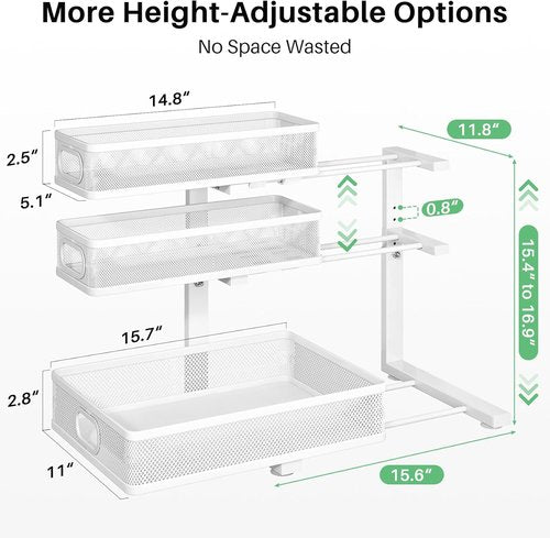 Kitstorack Under Sink Organizer - 2-Pack Adjustable 3-Tier Metal Storage Shelf | Ideal for Bathroom & Kitchen