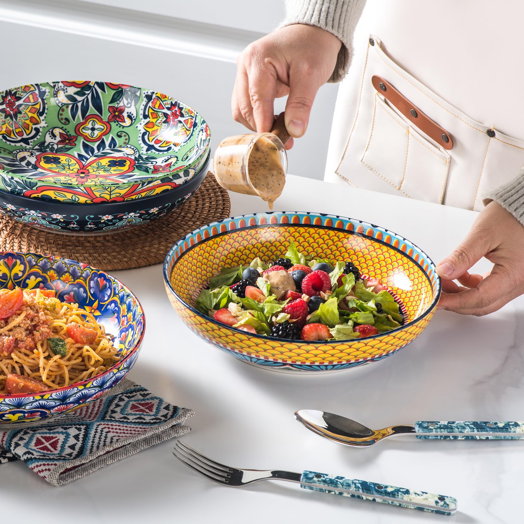HENXFEN LEAD Pasta & Salad Bowls Set of 4, 45 oz Large Ceramic Serving Bowls – Colorful 9 Inch Wide & Shallow Bowls for Soup & Pasta, Microwave & Dishwasher Safe