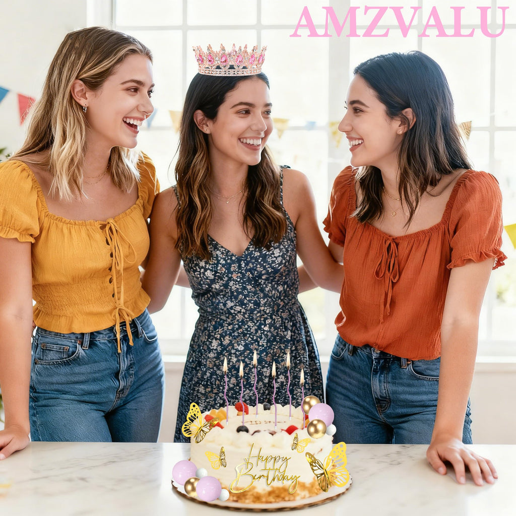 AMZVALU Crown Cake Topper, Happy Birthday Cake Toppers Pink Crown Balls Candles Gold Butterflies, Corona Para Pastel, Cake Decorations for Women Princess Queen Birthday Party Wedding (Rose Gold)