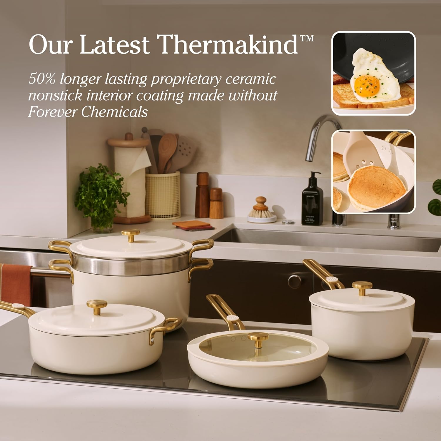 Our Place 11-Piece Cookware Set - Nonstick Ceramic Fry Pan, Saucepan, Sauté Pan & Stock Pot | Oven Safe to 450°F | Cream