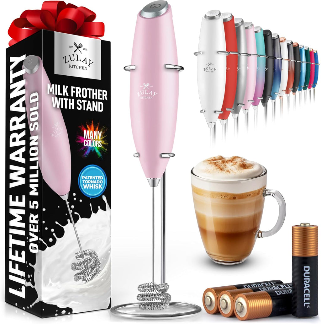 Zulay Kitchen Patented Tornado Triple Whisk Milk Frother - Handheld Foam Maker for Coffee & Lattes - Includes 4 Duracell Batteries - Candy Color