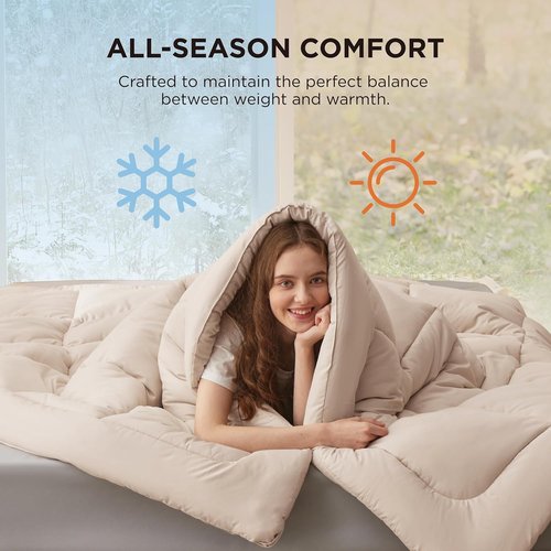 Bedsure Comforter Duvet Insert - All Season Quilted Queen Size Down Alternative Blanket, Beige 88 x 88 Inches