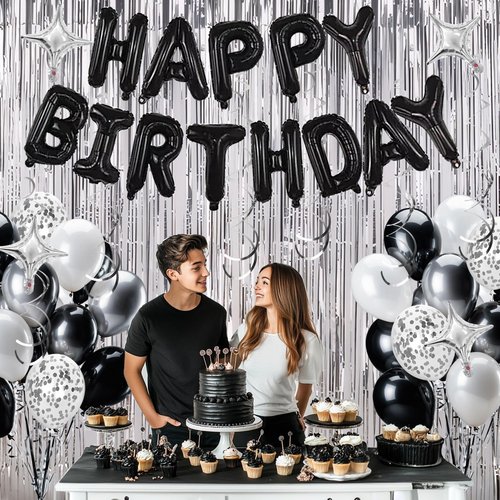 92 PCS Black and Silver Happy Birthday Decorations Balloons Fringe Curtains Vortex for Boys Men Girls Women 16th 18th 20th 21st 25th 30th 40th 50th 60th Birthday Party Decorations (Black Silver)