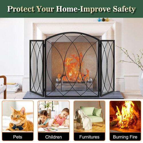 FEED GARDEN 3 Panel Fireplace Screen 48" W x 29.5" H Modern Foldable with Wrought Metal Decorative Mesh,Arch Heavy Duty Fire Spark Guard Cover for Home Decor Indoor, Black