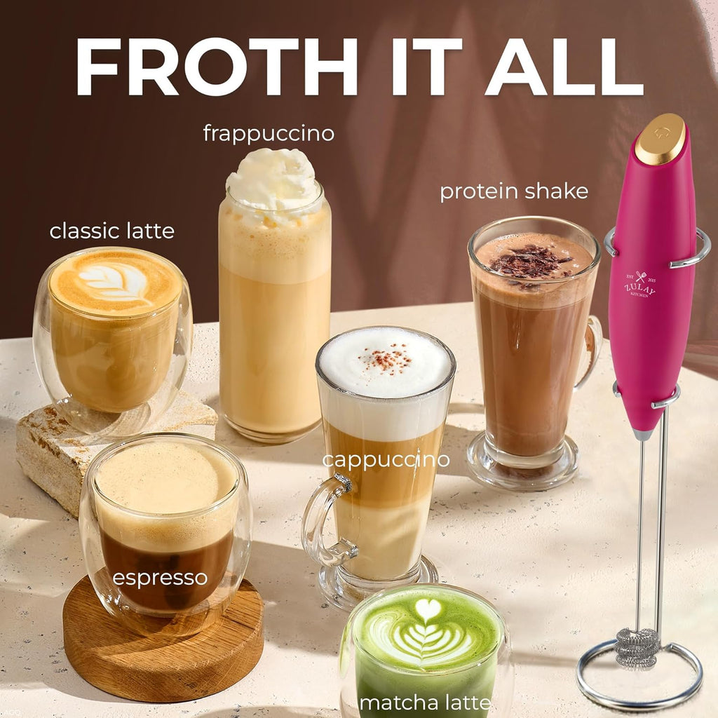 Zulay Kitchen Tornado Triple Whisk Milk Frother - Handheld Foam Maker for Coffee & Lattes - Pink & Gold