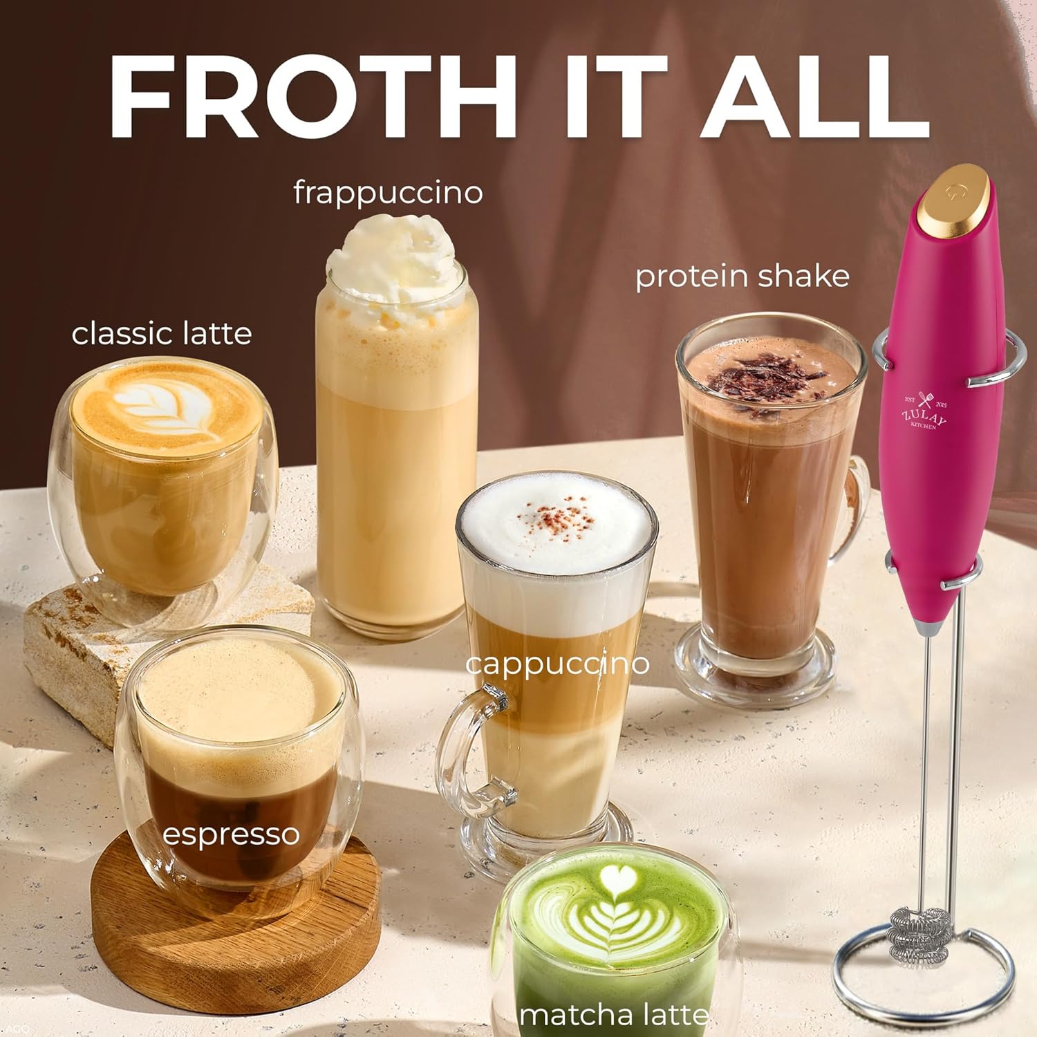 Zulay Kitchen Tornado Triple Whisk Milk Frother - Handheld Foam Maker for Coffee & Lattes - Pink & Gold