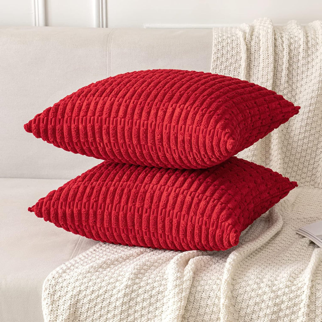 MIULEE Red Corduroy Decorative Pillow Covers - Soft Boho Striped 18x18 Inch for Modern Farmhouse Decor
