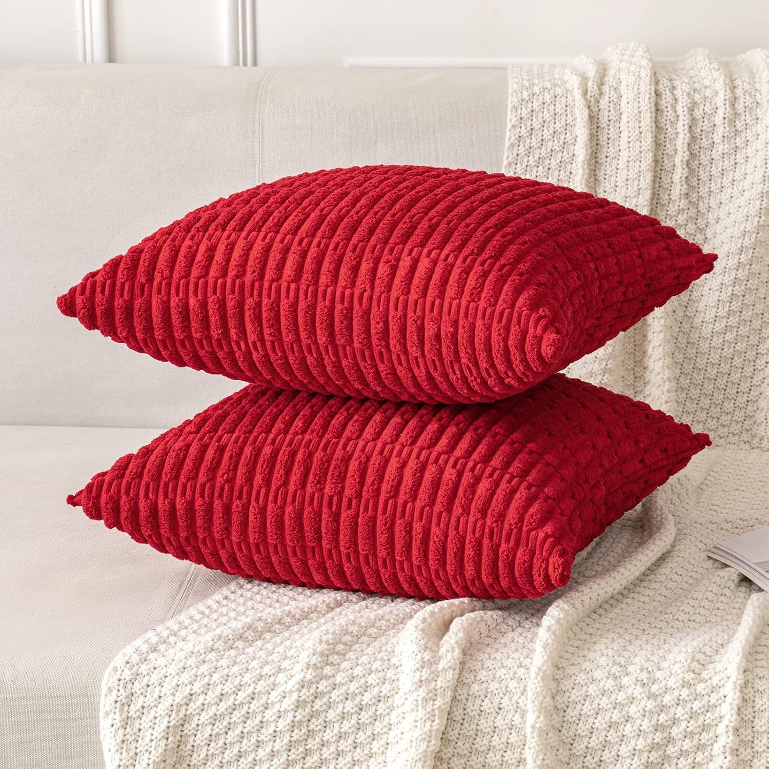MIULEE Red Corduroy Decorative Pillow Covers - Soft Boho Striped 16x16 Inch for Modern Farmhouse Decor