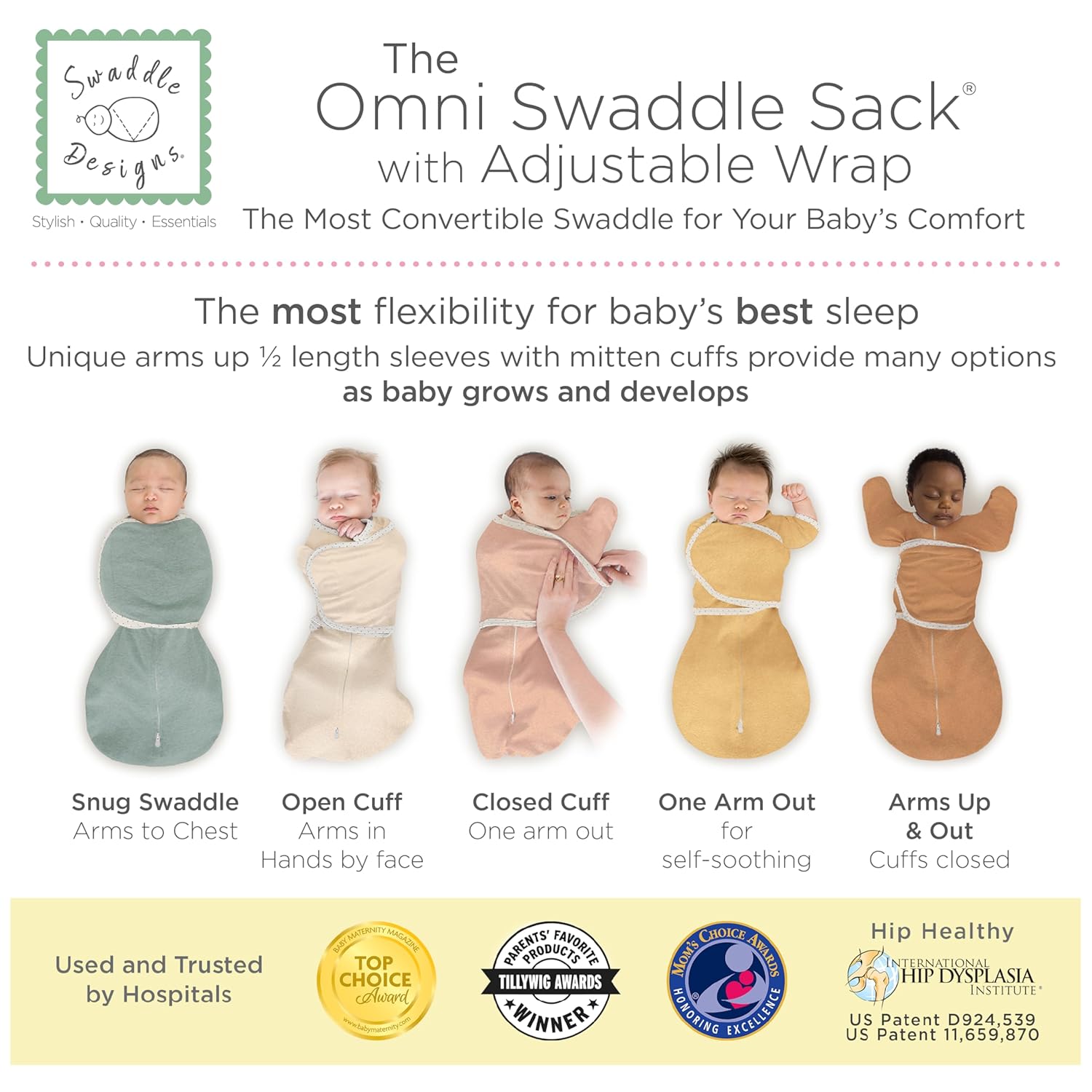 SwaddleDesigns 6-Way Omni Swaddle Sack - Arms Up Design for Newborns | Improves Sleep, Oatmeal, Small (0-3 Months)