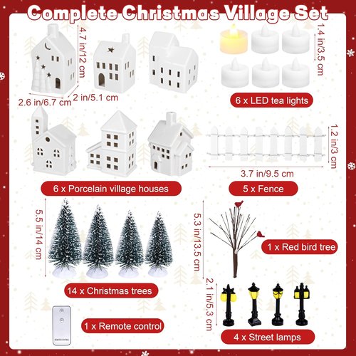 Fovths Christmas Village Set - 37-Piece Lighted Porcelain Houses with Remote Control LED Tealights & Accessories