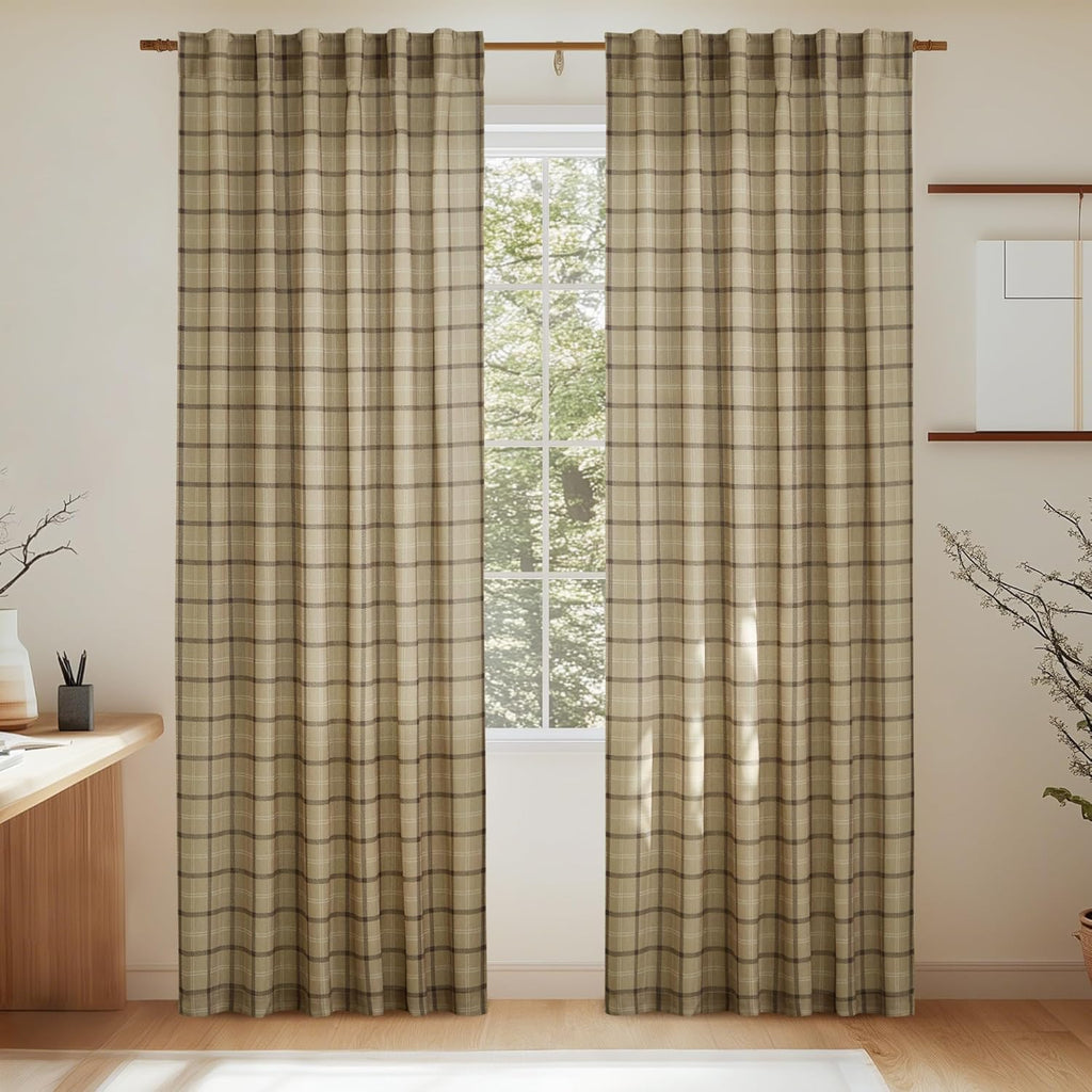 NICETOWN Linen Plaid Curtains - 84-Inch Light Filtering Privacy Shade | Semi-Sheer Grid Pattern, 1 Pair, 52W x 84L