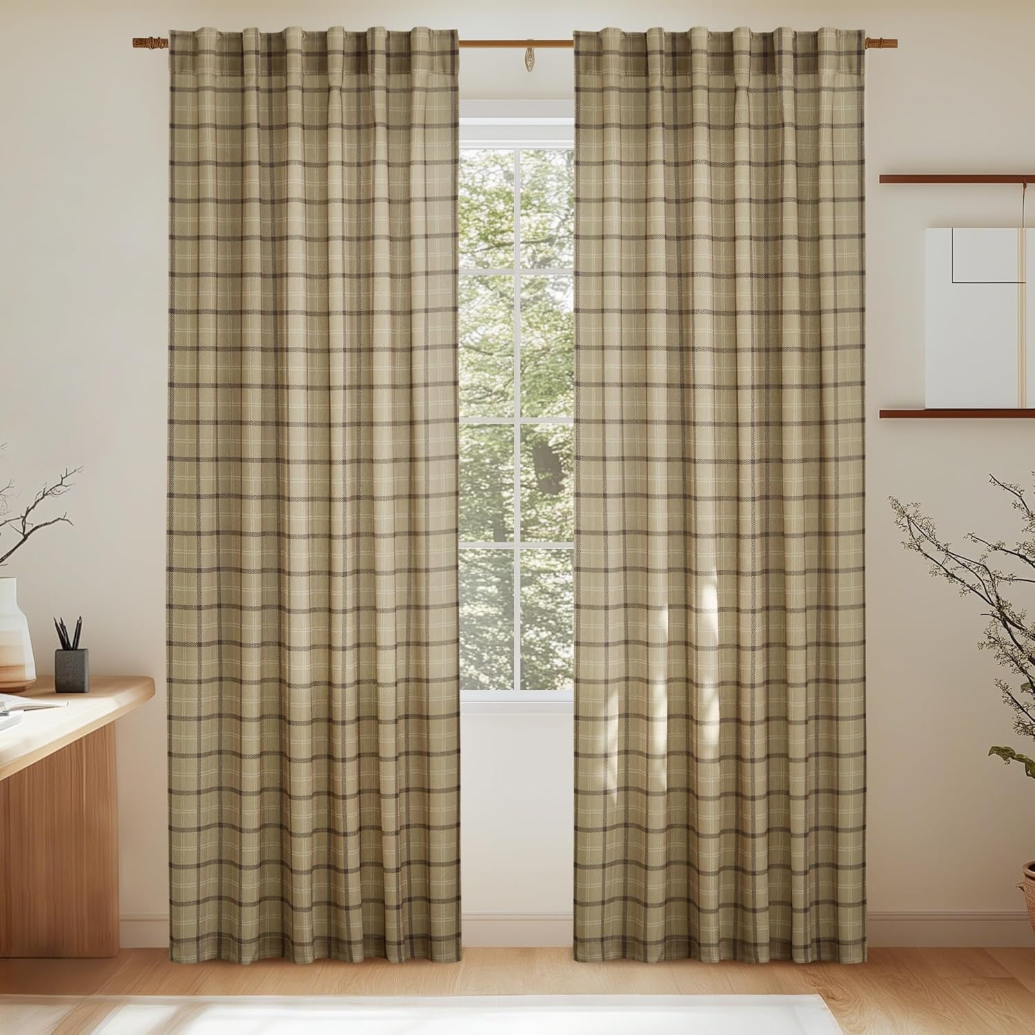 NICETOWN Linen Plaid Curtains - 84-Inch Light Filtering Privacy Shade | Semi-Sheer Grid Pattern, 1 Pair, 52W x 84L
