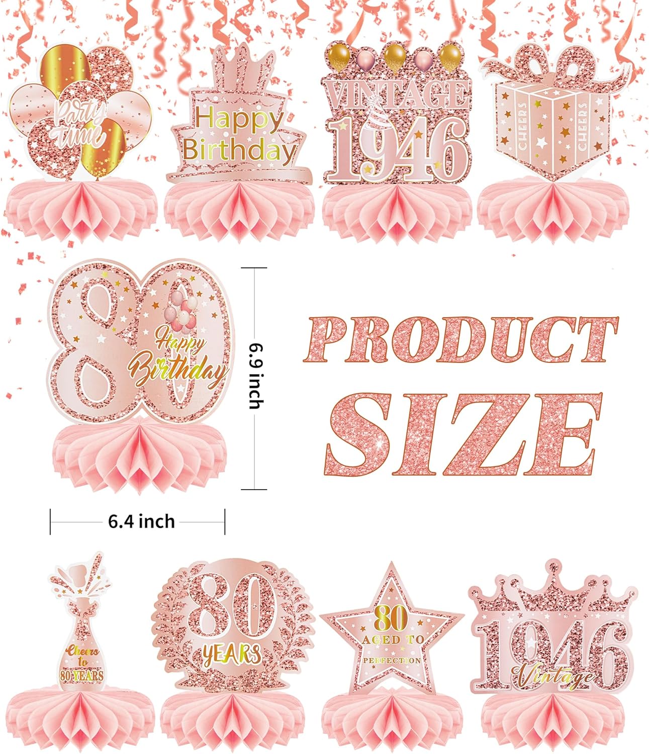 Skiennix 80th Birthday Decorations - Elegant Rose Gold Honeycomb Centerpieces | 9 Pcs Table Toppers for Women
