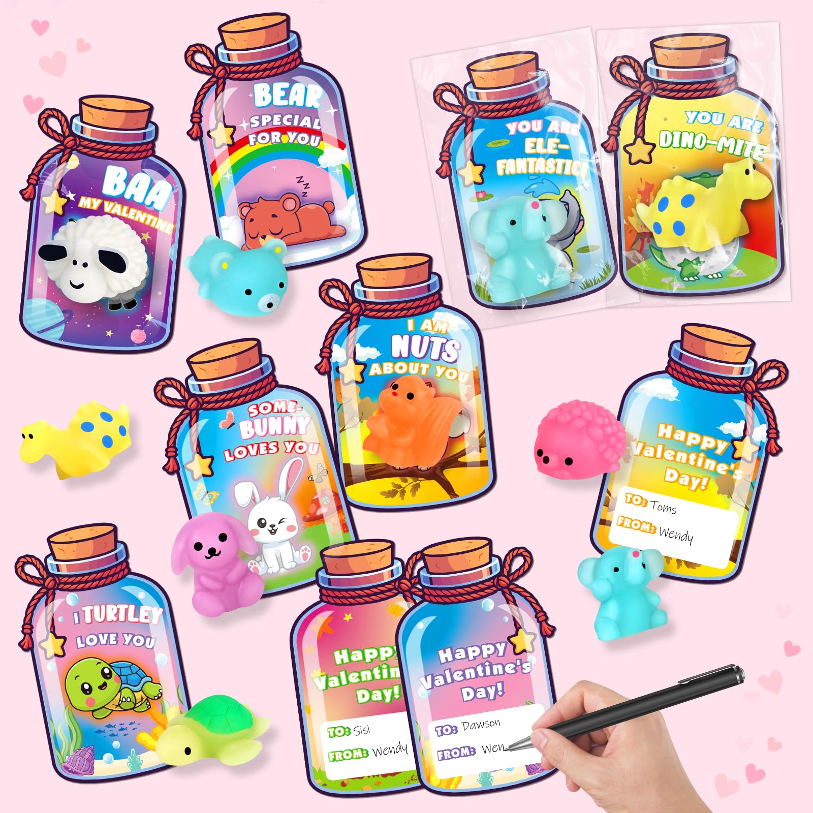 Valentines Day Gifts for Kids School, 32 Pack Cute Kawaii Mochi Squishy Toys Glow in The Dark with Animal Valentines Day Card, Fidget Squishy Toys for Classroom Class Exchange Party Favors