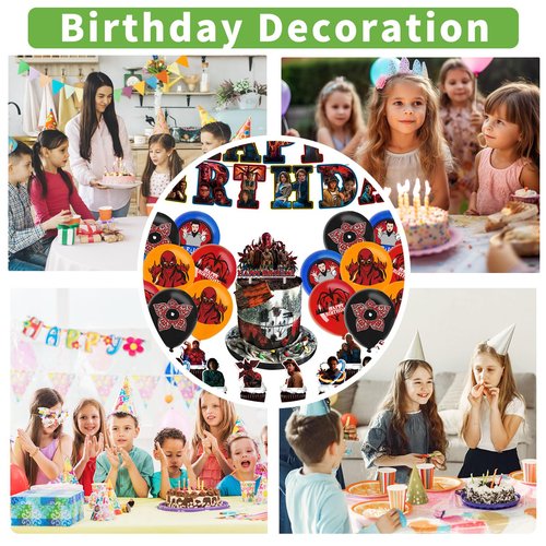 30 Pcs TV Series Role Birthday Decorations, Horror Theme Party Decorations, Includes 1 Banner, 16 Balloons, 1 “Happy Birthday” Topper, and 12 Dessert Decorations.