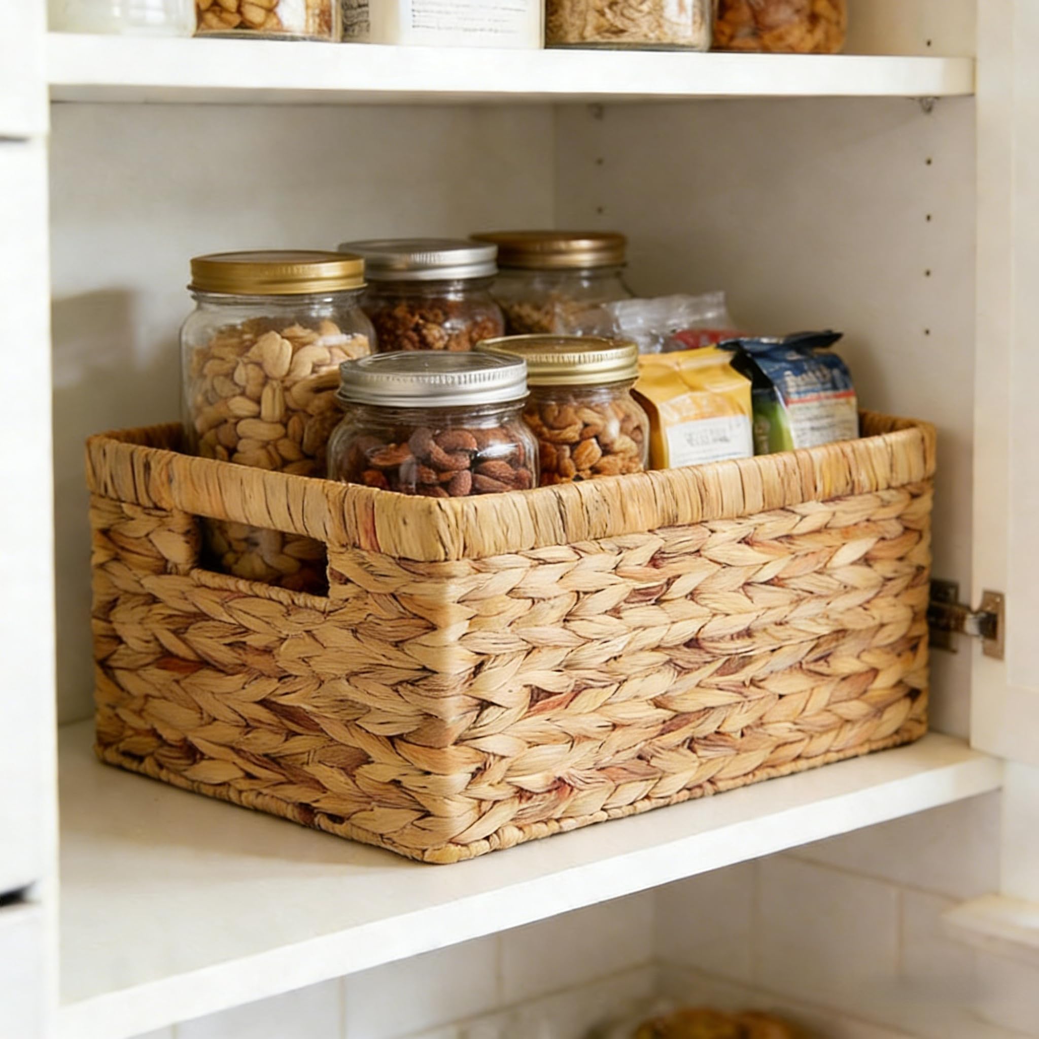 Water Hyacinth Storage Baskets for Shelves, Set of 4 Wicker Pantry Shelf Baskets with Built-In Handles, Woven Organizer Bins for Closet, Bathroom, Kitchen Cabinets, 13 x 8.25 x 7 In