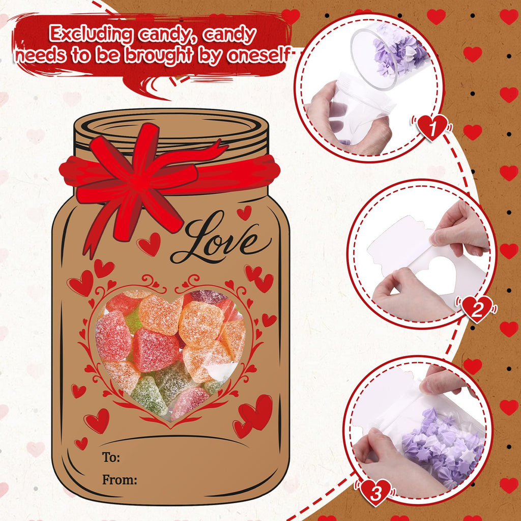 Honeydak 48 Set Valentine's Day Mason Jar Bows Cards Kit with Clear Treat Bags & Adhesive Strips, Happy Valentines Cards, DIY Goodie Bags, Valentines Exchange Card, Party Favors Supplies