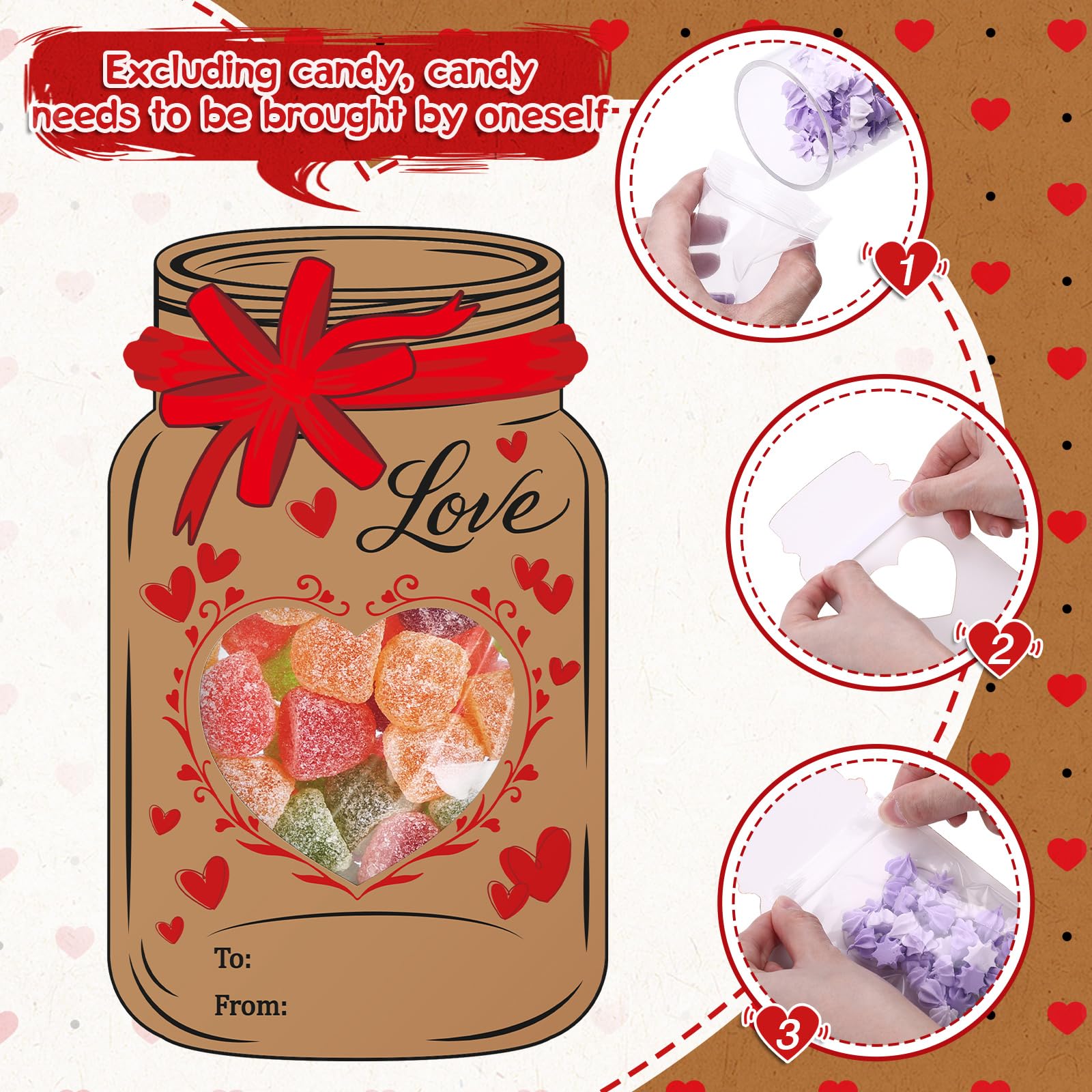 Honeydak 48 Set Valentine's Day Mason Jar Bows Cards Kit with Clear Treat Bags & Adhesive Strips, Happy Valentines Cards, DIY Goodie Bags, Valentines Exchange Card, Party Favors Supplies