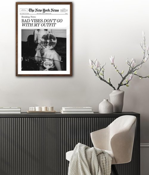 EcoHest Framed Wall Art - Bad Vibes Don't Go With My Outfit | 12x16 in Walnut OAK Wood, Retro Decor for Bedroom & Living Room