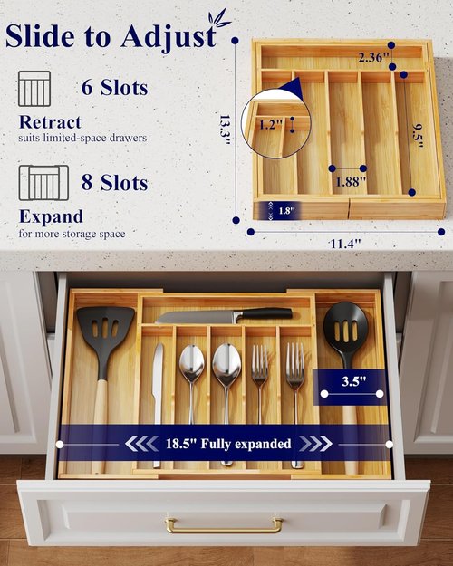 Kitsure Silverware Organizer - Expandable Bamboo Drawer Storage for Utensils & Cutlery | Large Natural Design