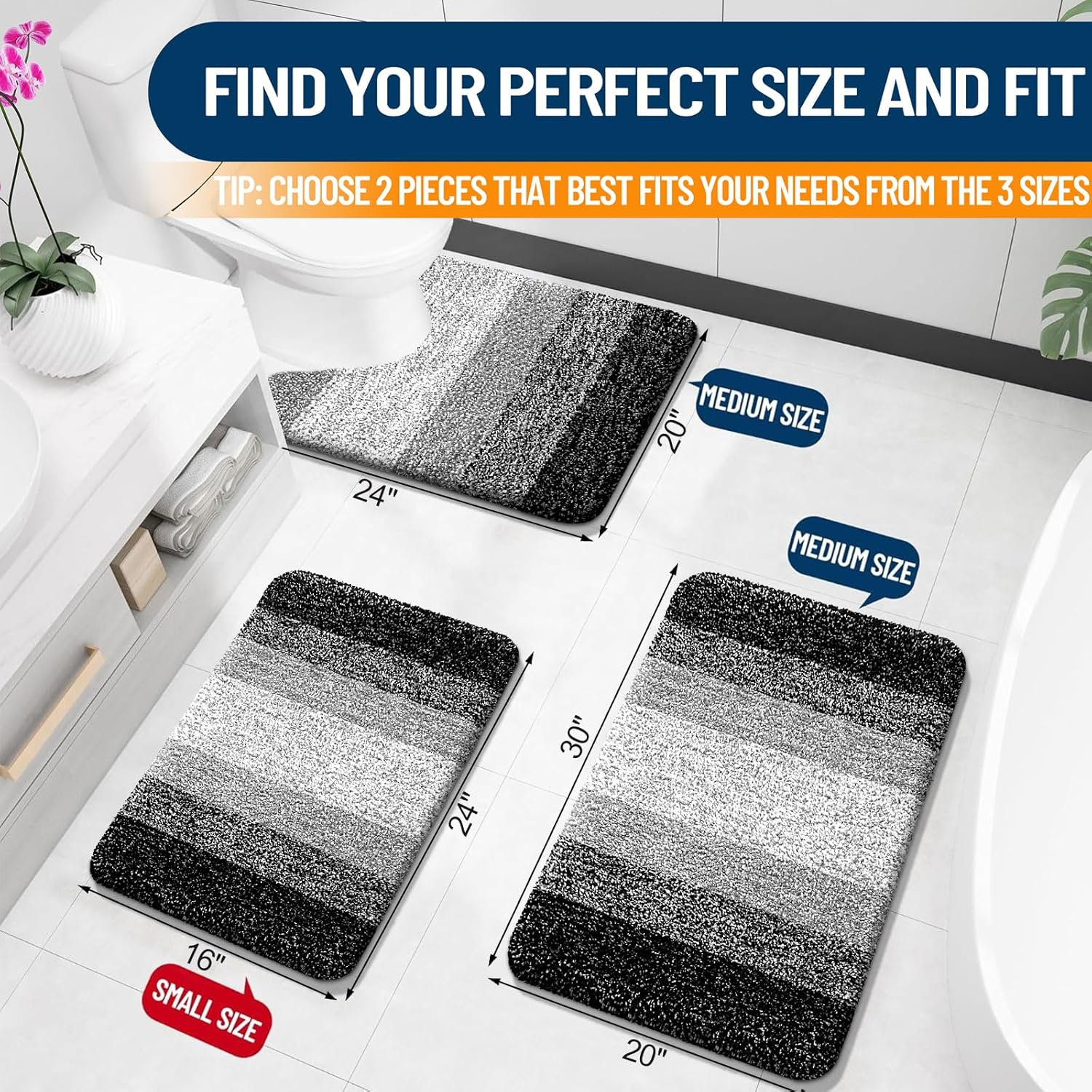 OLANLY Bathroom Rug Set - Soft Absorbent Microfiber Mats | Non-Slip U-Shaped Contour Toilet Rug (Black, 2-Piece)