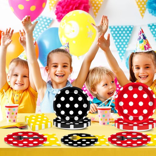 96 Pcs Mouse Color Paper Plates and Napkins Mouse Party Decorations Red Black Yellow Polka Dot Tableware Set Cartoon Dessert Disposable Dinnerware for Boys Girls 24 Guests Party Supplies