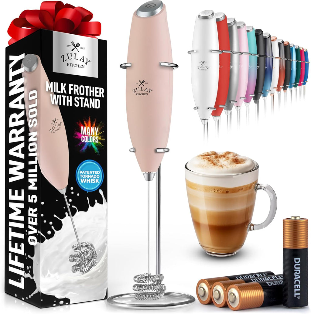 Zulay Kitchen Tornado Triple Whisk Milk Frother - Handheld Foam Maker for Coffee & Lattes | Spritz Pink, Includes 4 Duracell Batteries