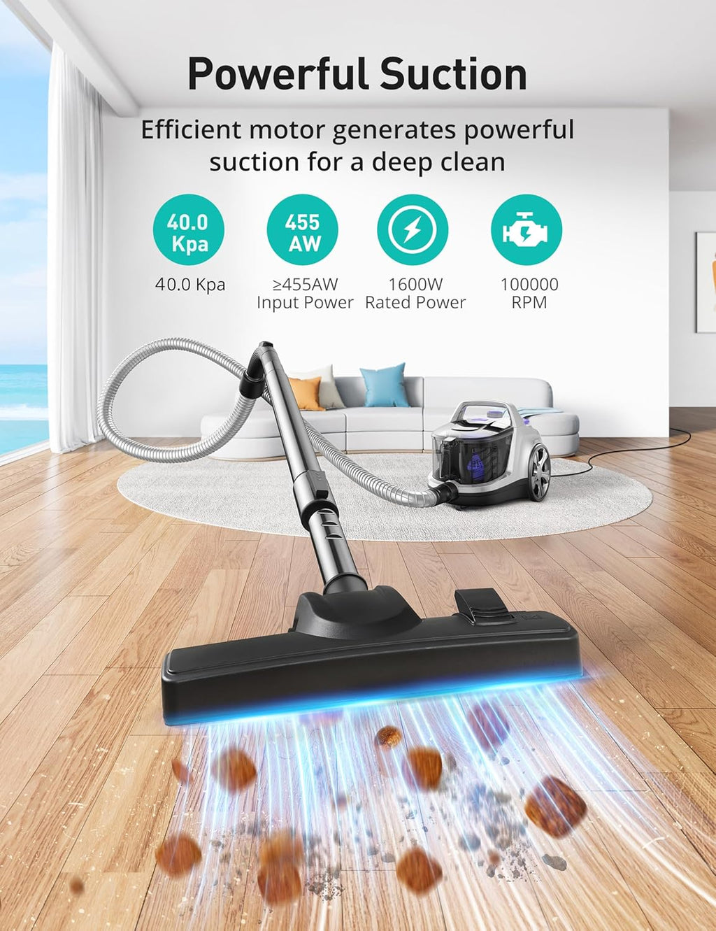 Aspiron Canister Vacuum Cleaner - 40Kpa Bagless Design with Double HEPA Filter & 4QT Dust Cup | Lightweight 1600W, Mauve