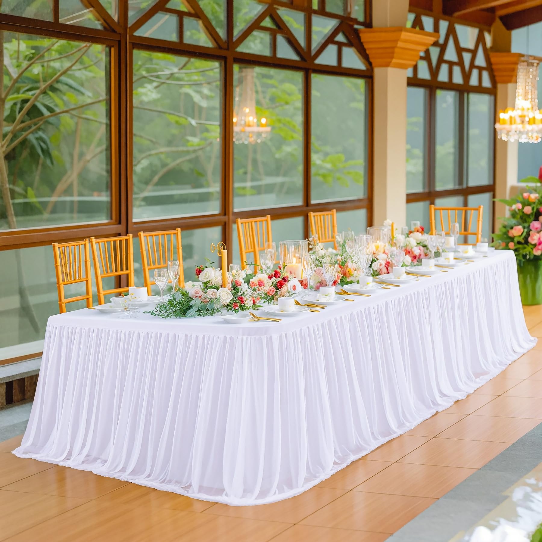 White Tulle Tablecloth 4Pack Stretchable Cross Table Cover 3 Sides for Wedding, Birthday, Party Decor, Banquet, Bridal Shower Fits Rectangle Tables 4ft