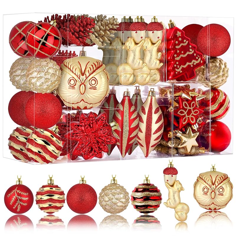 Christmas Tree Ornaments Set 96pcs - Shatterproof Plastic Baubles with Forest Animal Designs in Red & Gold