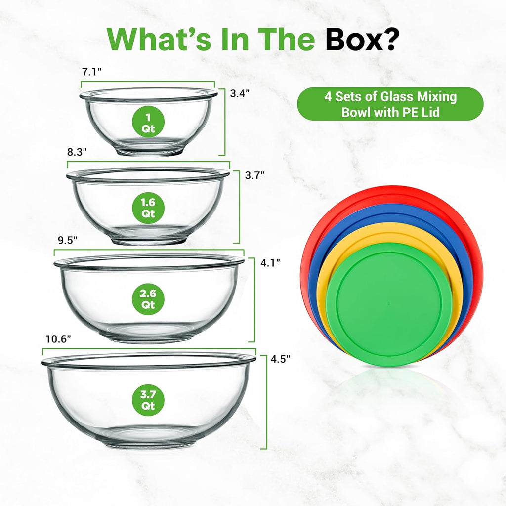 NutriChef 4-Piece Glass Mixing Bowl Set - Premium Non-Toxic Borosilicate Bowls with Airtight Lids (1 QT-3.7 QT)