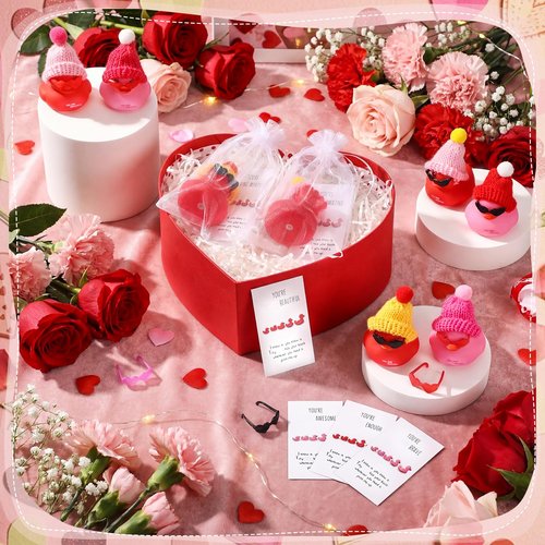 Liliful 2 Inch Rubber Ducks Bulk with Hats Glasses You Are Awesome Sign Card Employee Appreciation Gift for Friends Staff Team Coworker Exchange(24 Sets,Pink,Red)