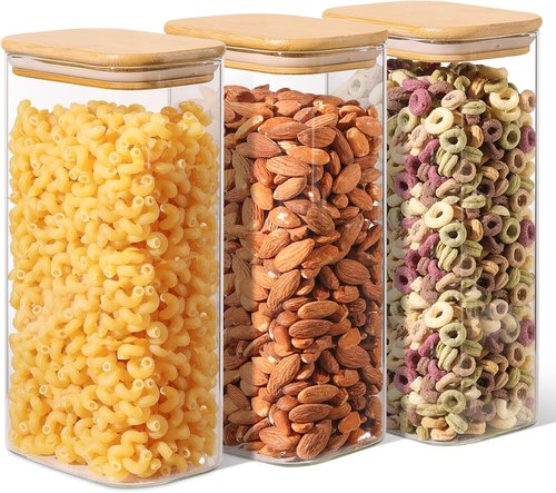 ComSaf Glass Storage Containers - 1.8 Qt Rectangle Jars with Bamboo Lids | Clear Food Storage for Pantry Essentials