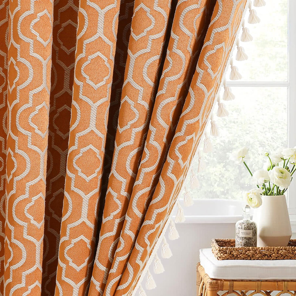 MitoVilla Orange Boho Shower Curtains for Modern Farmhouse Bathroom Decor, Bohemia Geometric Cotton Fabric Shower Curtain, Fall Country Tassel Cloth Shower Curtain, 72 x 72