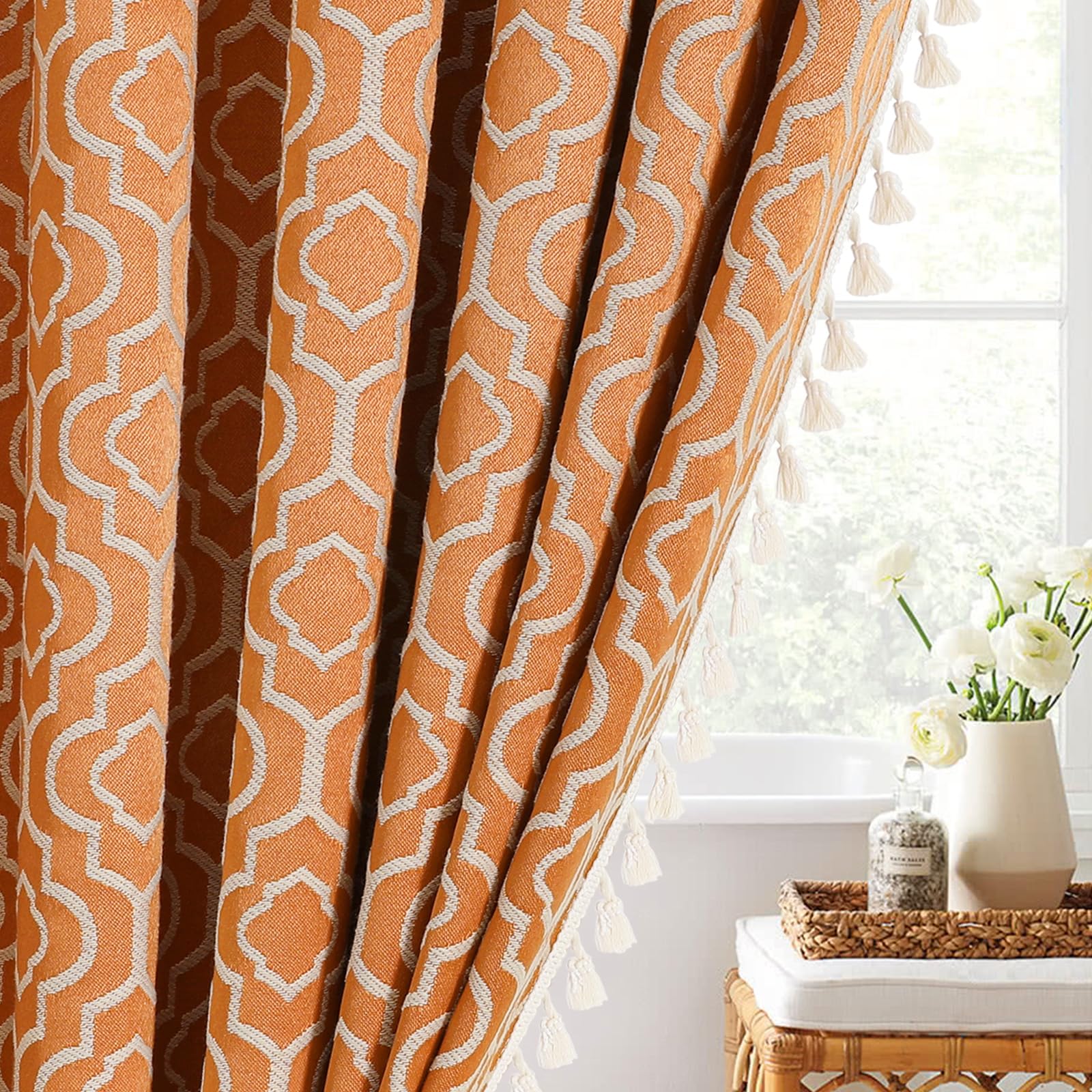 MitoVilla Orange Boho Shower Curtains for Modern Farmhouse Bathroom Decor, Bohemia Geometric Cotton Fabric Shower Curtain, Fall Country Tassel Cloth Shower Curtain, 72 x 72