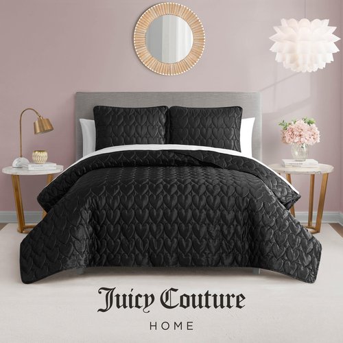 Juicy Couture Satin Heart Stitched 2 Piece Twin/Twin XL Quilt Set, Black Luxury Bedding Set