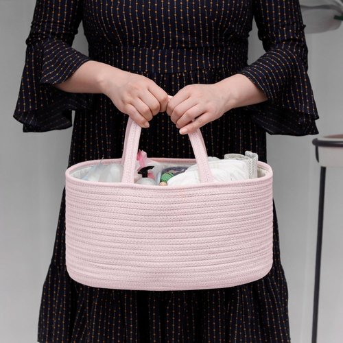 COMSE Baby Diaper Caddy Organizer - Portable Tote Bag with Dividers | Light Pink Baby Shower Gift