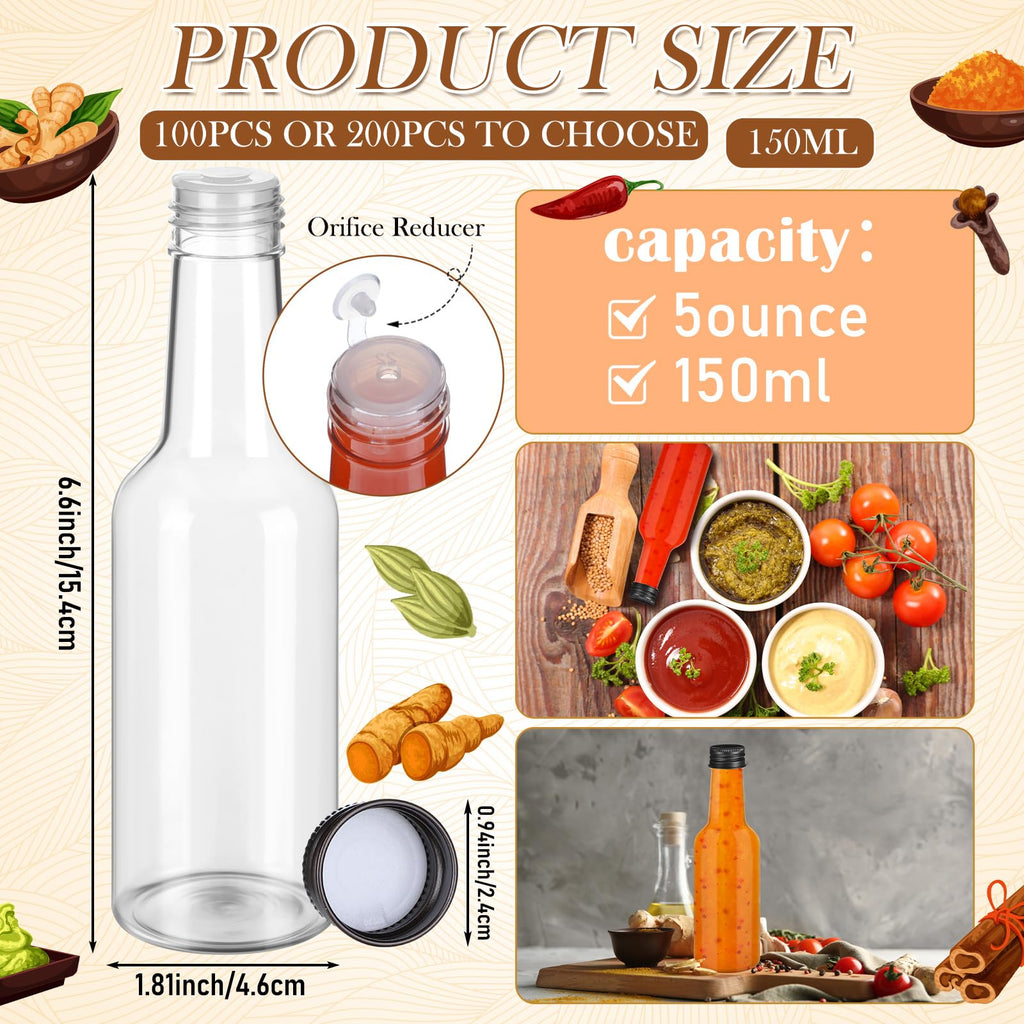Zubebe 100 Pcs Hot Sauce Bottles Small Plastic Clear Woozy Bottles Empty with Leak Proof Black Screw Cap Mini Wine Liquor jars for Kitchen Sauce Salad Dressing Syrup Juice Whiskey (5 oz)