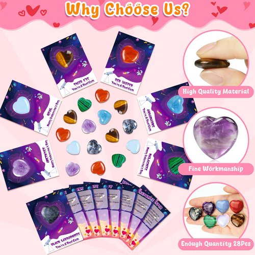 iMopo 28 Pcs Valentines Day Gifts for Kids Classroom - Heart Gemstones with Valentines Cards Goodie Bags, Crystal Rocks Bulk Exchange Party Favors for Girls Boys, School Teacher Prizes