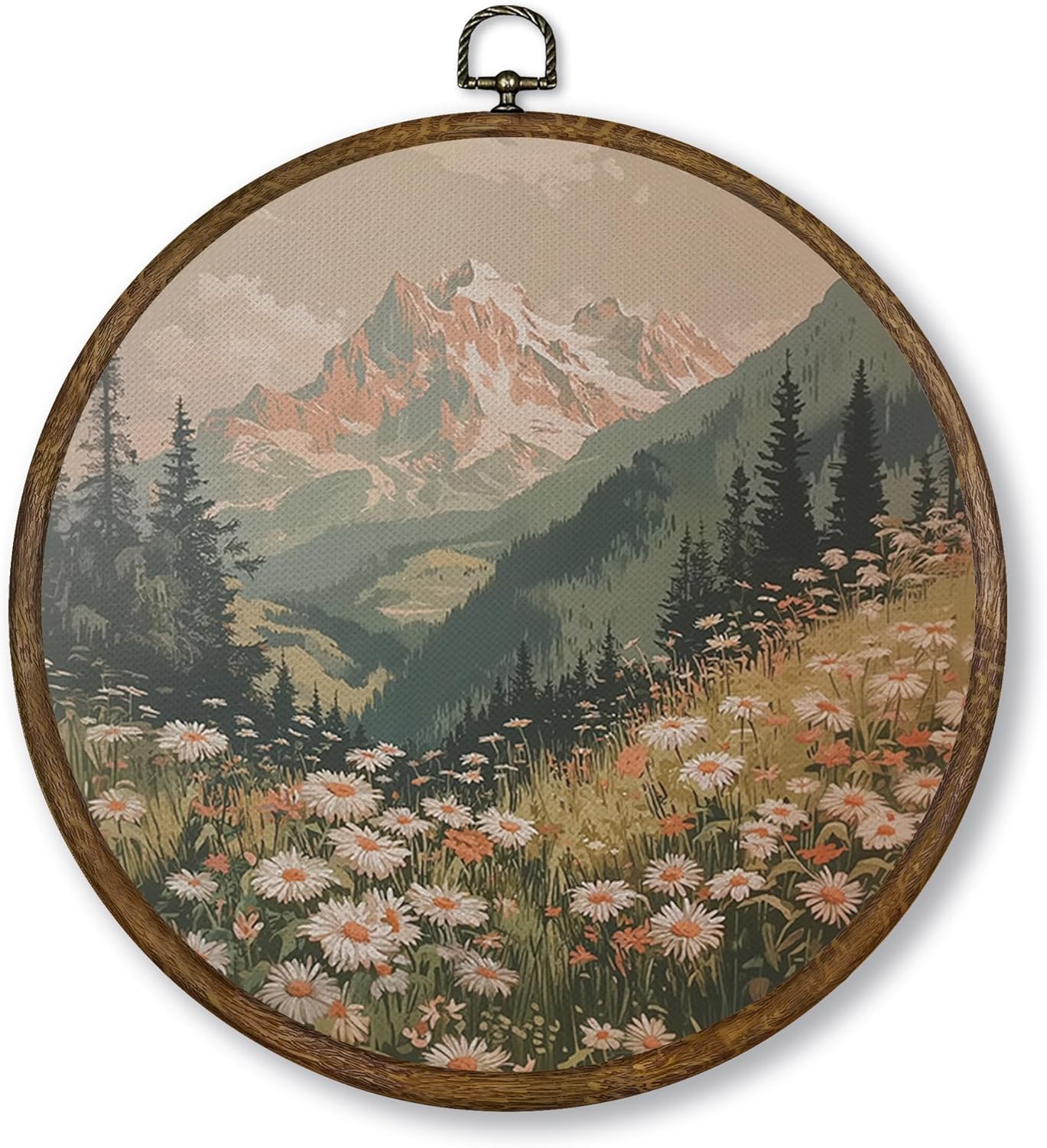 Qskjre Boho Wall Art - Vintage Mountain Flower Landscape Canvas Print | 10x10in Round Wood Framed Decor