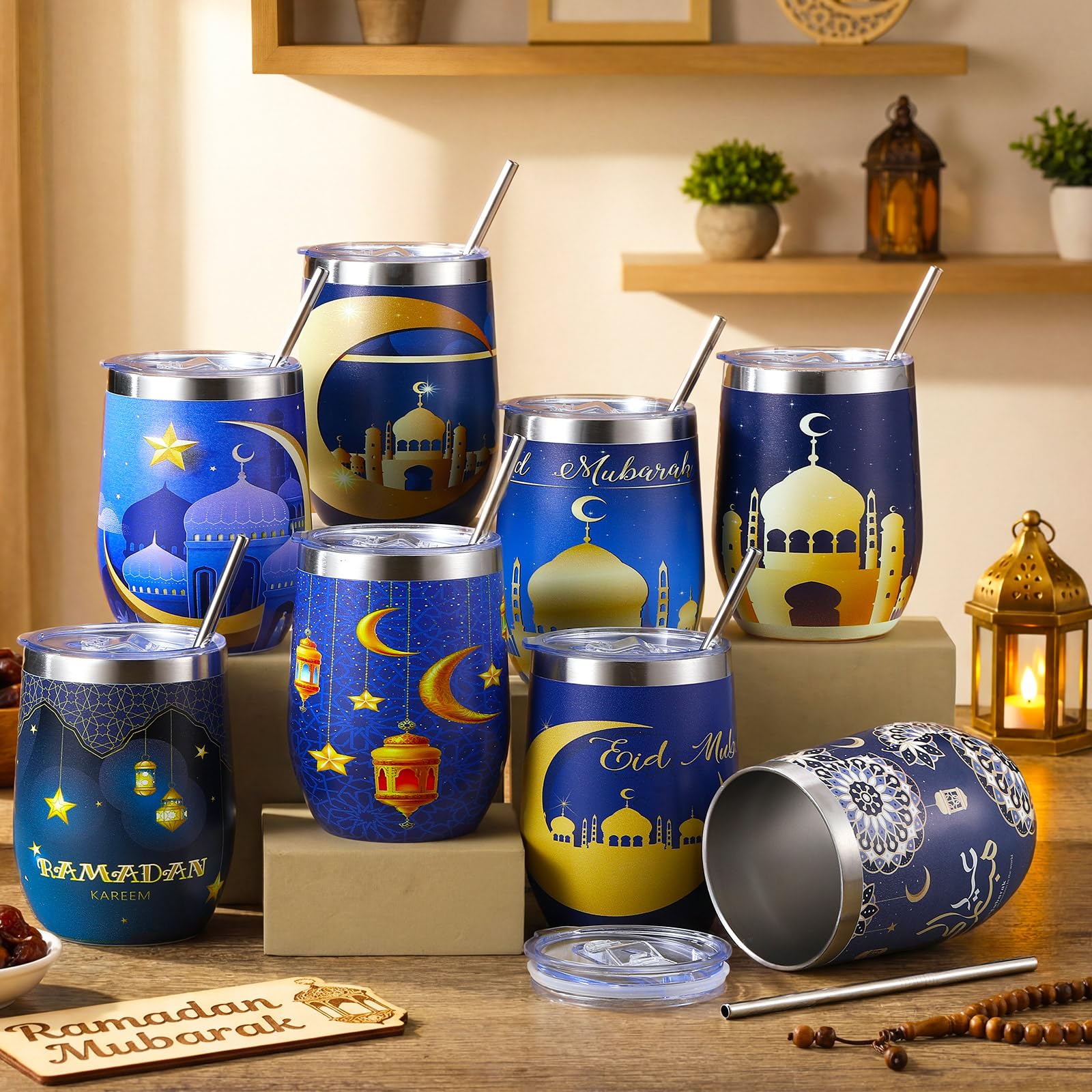 Sliner 8 Pcs Ramadan Mubarak Gifts Islamic Eid Tumbler with Lid 12oz Stainless Steel Muslim Gifts Mug Tumbler Double Insulated Coffee Cup Travel Mug for Muslim Islam Festival Holiday Favors