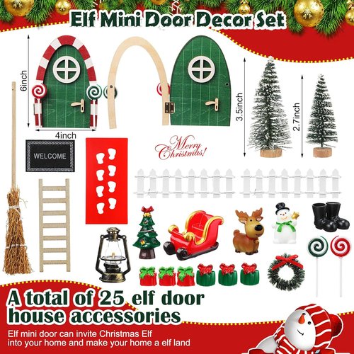 Gerrii Miniature Green Christmas Elf Fairy Door Kit - 25 Pcs Enchanted Decor for Dollhouses & Rooms