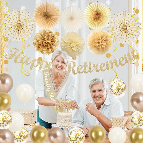 Vlipoeasn Retirement Decorations for Men Women, Champagne Gold Official Retired, Happy Retirement Banner Swirls Party Supplies Retired Farewell Party Set Work Graduation Party Decorations