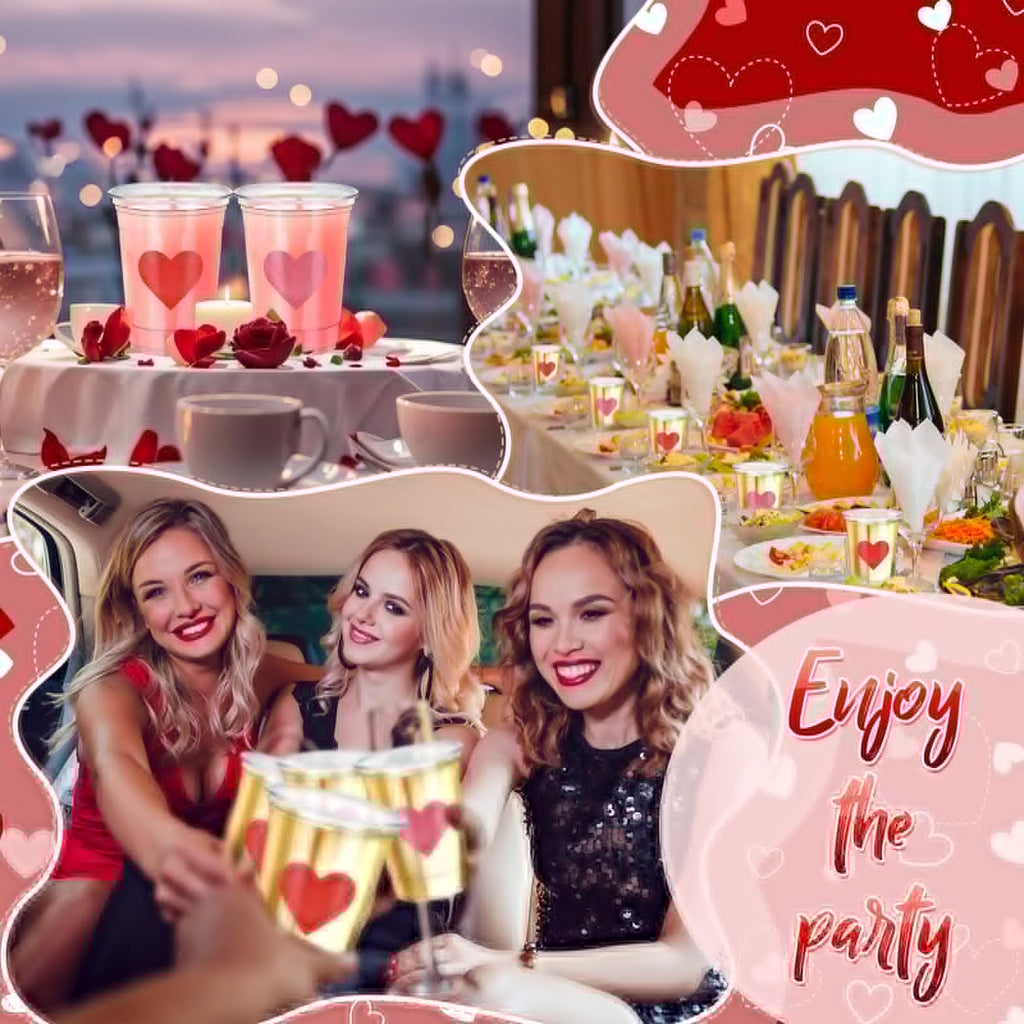 Moinchore 100 Pcs 12 oz Valentines Heart Plastic Cups Clear Disposable Heart Wine Cups Bulk for Galentine's Day Iced Coffee Drinking Ice Cream Wedding Party Supplies (Pink,Red)