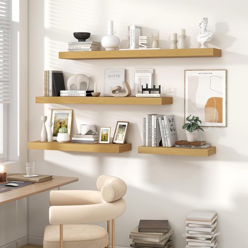 Heimlove 16-Inch Floating Shelves - Wall-Mounted Oak Wood Shelves for Bathroom, Bedroom & Office | Set of 2