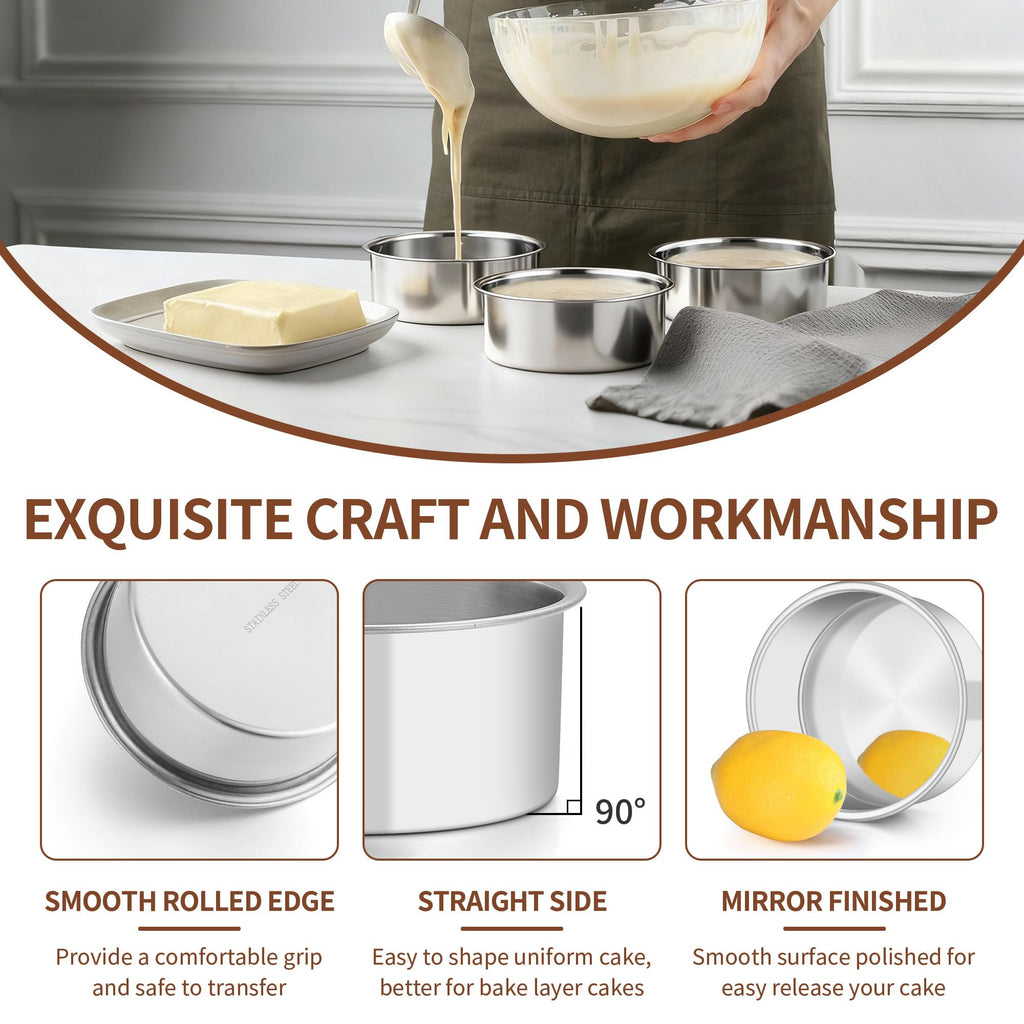 TeamFar 5 Inch Cake Pan Set of 4, Stainless Steel Small Layer Cake Baking Pans Tins, Round Bakeware for Birthday Wedding Party, Non-Toxic & Healthy, Mirror Finish & Dishwasher Safe
