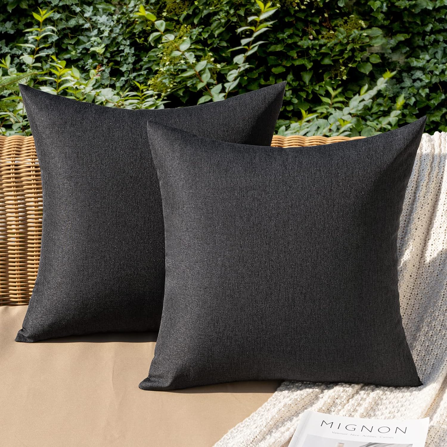 MIULEE Decorative Outdoor Throw Pillow Covers - Waterproof Faux Linen Cushion Cases | 16x16 Inch Black (Pack of 2)