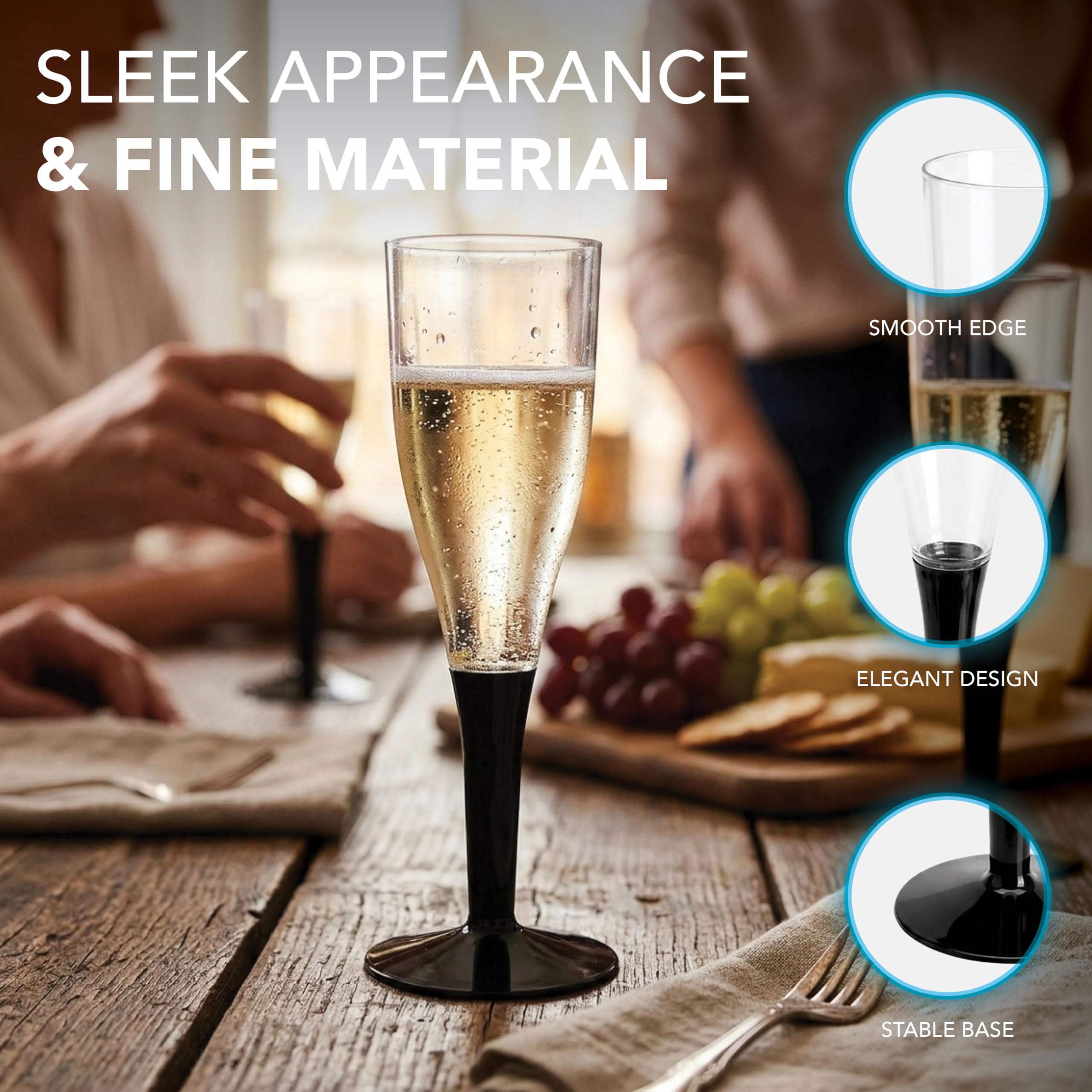 Party Essentials N5221175 2-Piece Stem Champagne Flutes, 5 oz., Clear/Black (Pack of 120)