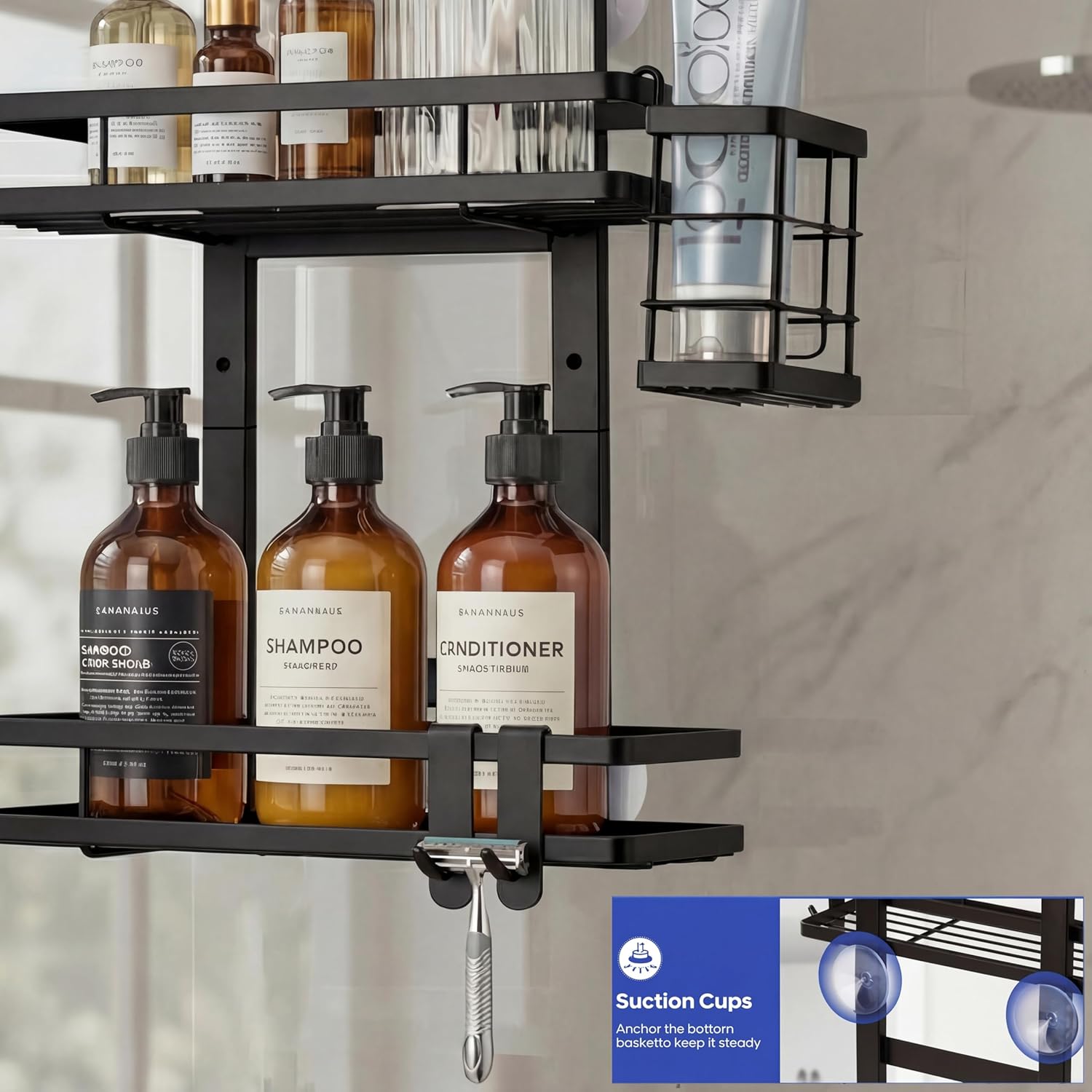 Skiennix Over The Door Shower Caddy - Rustproof 2-Tier Bathroom Organizer with Waterproof Phone Pouch - Black